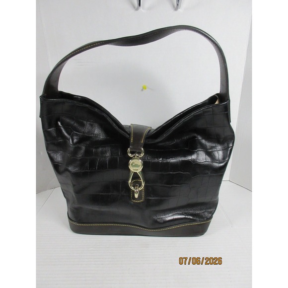 Dooney & Bourke Handbags - Dooney & Bourke Black Croc Embossed Leather Hobo Bag Brown Trim Lobster Clasp